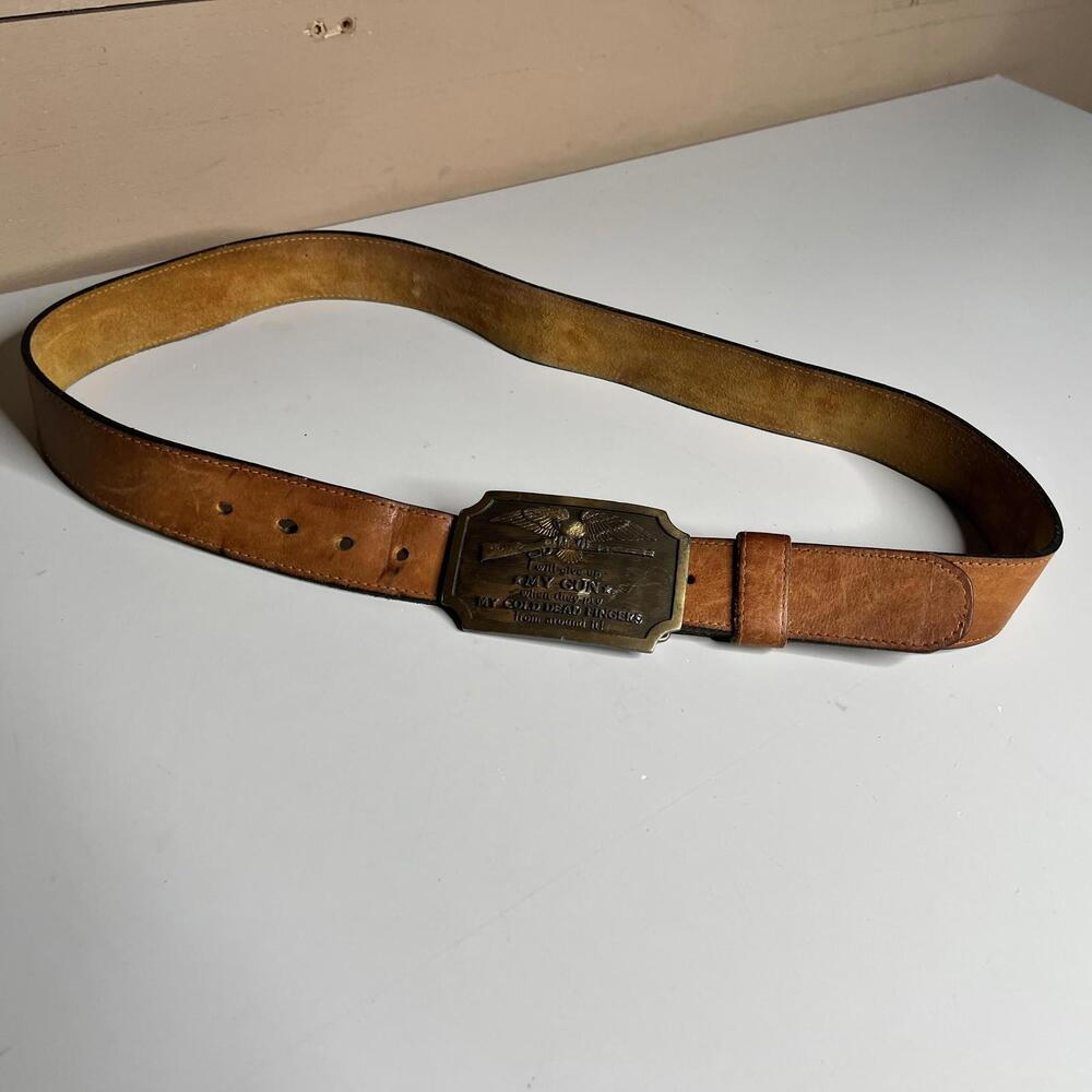 Vintage‎ Indian Metal Craft Leather Belt Mens Size Cold Dead Fingers Buckle 1977
